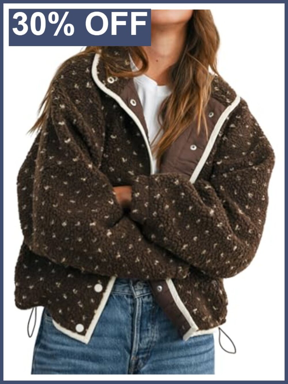 Fleece Sherpa Quilted Button Down Jacket Long Sleeve Contrast Trim Oversized